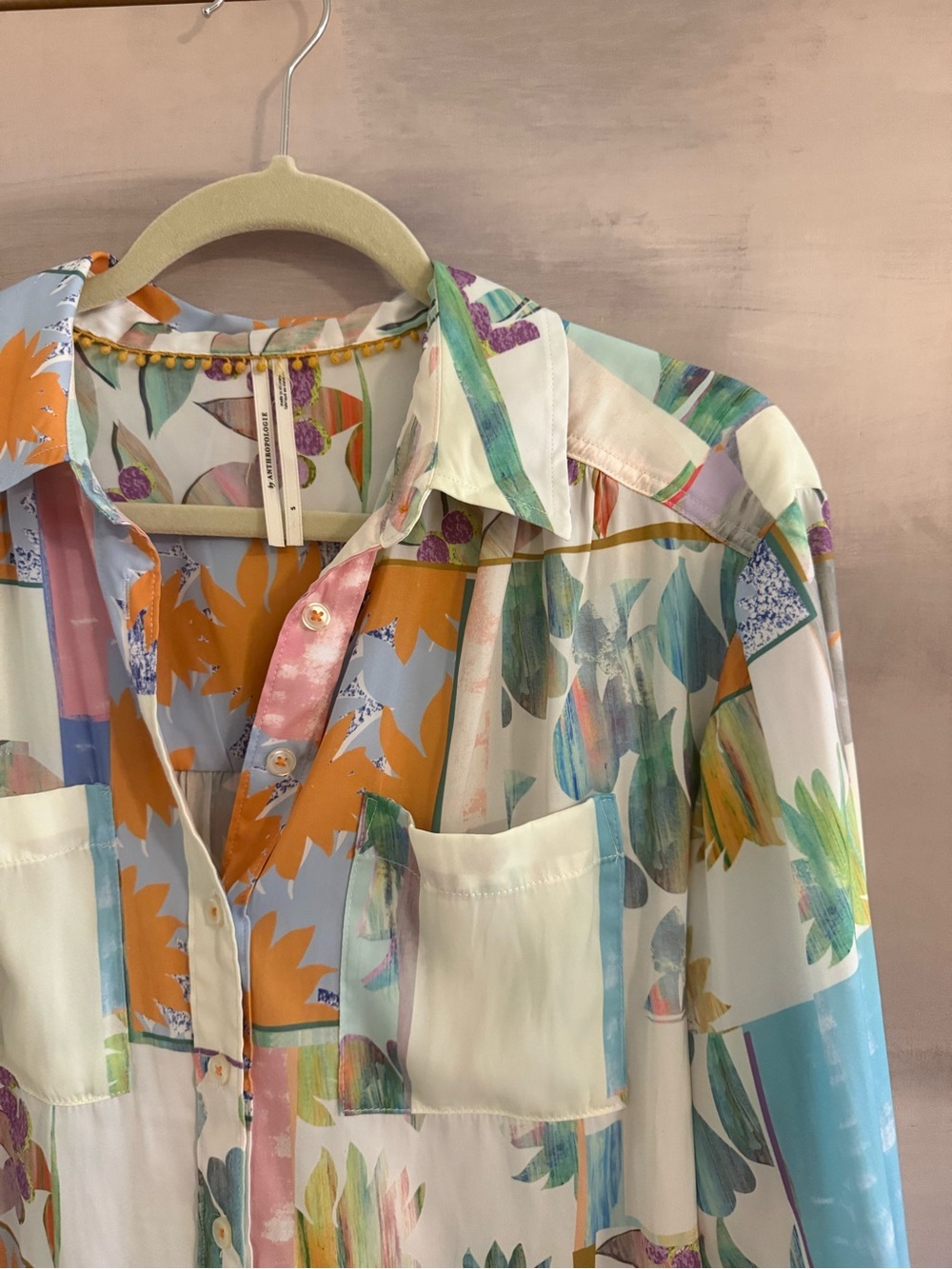 Anthropologie Abstract Patchwork Floral Silky Button-Down Blouse - Picture 2 of 7